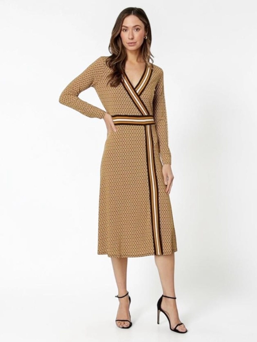 MICHAEL KORS Wrap-Style Long Sleeve Midi Dress Yellow Gold Black Stripe XS S NWT